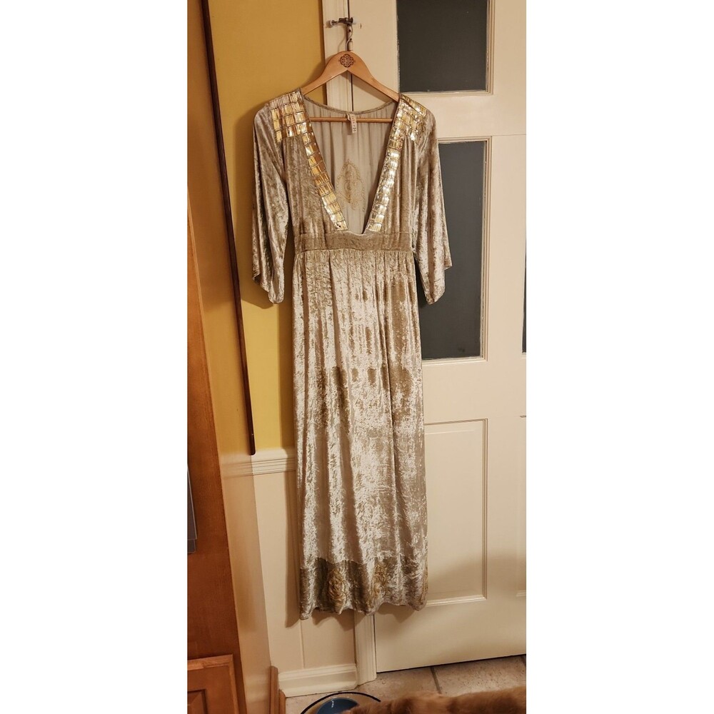 Raga Champagne Gold Crushed Velvet Maxi Dress w/ V-Neck & Kimono Sleeves Size L